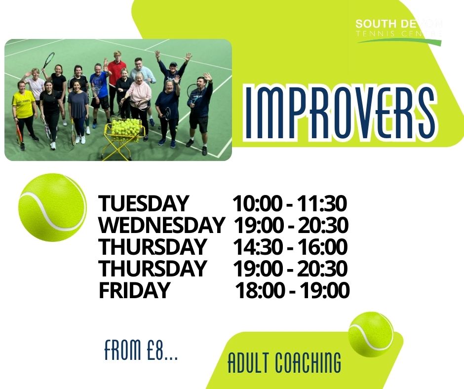 Calling all Improvers - you can now book onto your courses for next week.  Lots of opportunities for you to play: 

🎾Don't delay book your spot today

https://clubspark.lta.org.uk/SouthDevonTennisCentre/Improvers